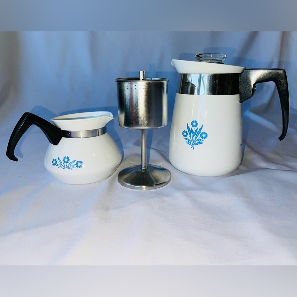 Vintage CorningWare Stoneware Coffee Percolator with lid and tea pot Blue Flower